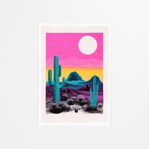 Riso Cactus Art Print, Psychedelic Sunset, Vintage Art, Retro Wall Hanging, Bohemian Living Room, Desert Theme, Digital Download image 2