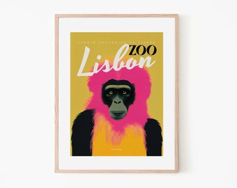 Lisbon Zoo Naxgo Siamang Gibbon Retro Pop Art Poster | Portugal Travel Poster | Asian Wildlife Wall Art | Vintage Animal Jungle Print