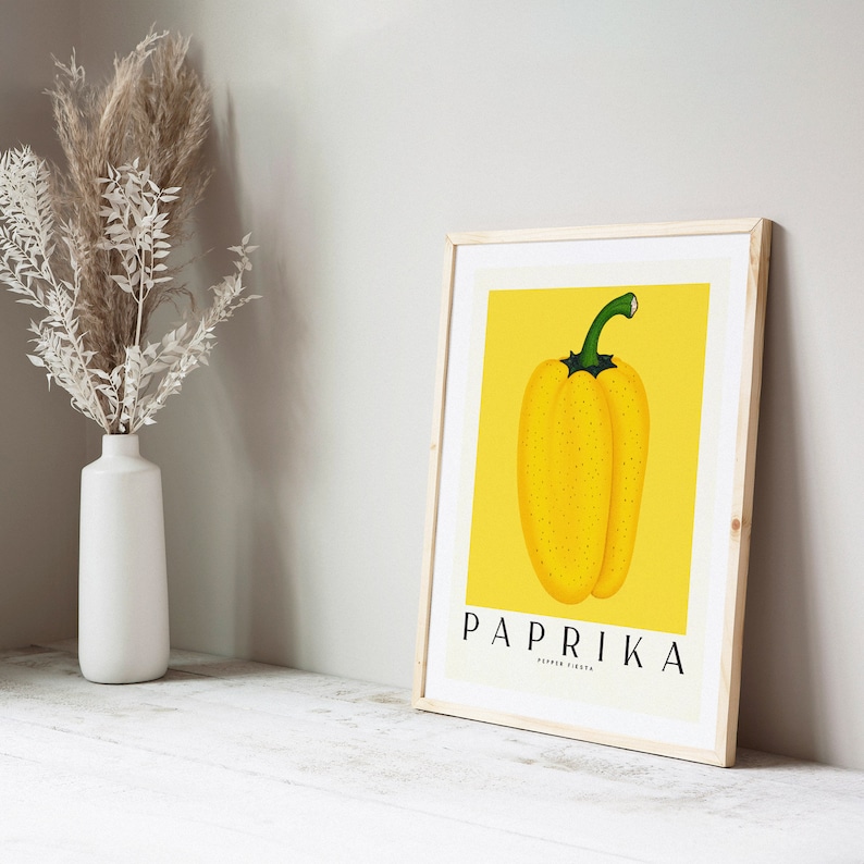 Paprika Fiesta Yellow, Vintage Kitchen Art Print, Food Illustration, Retro Style, Dining Room Decor, Digital Print image 1