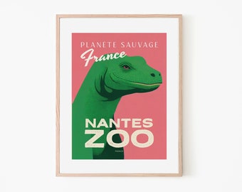 Nantes Zoo Retro Poster Retro Komodo Dragon Pink & Green | France Travel Poster | Asian Wildlife Wall Art | Vintage Animal Jungle Print