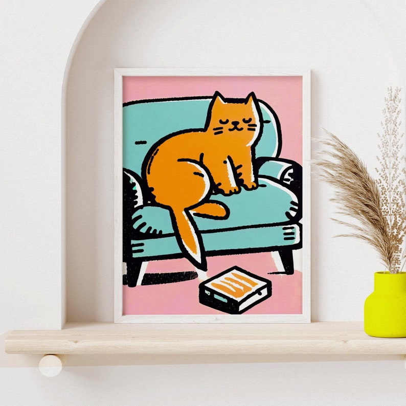 Adorable Tabby Lounging Feline Comfort Retro Poster Cat Lover Gift Vintage Art Tabby Cat Cozy Wall Art Animal Poster Pink Art image 8