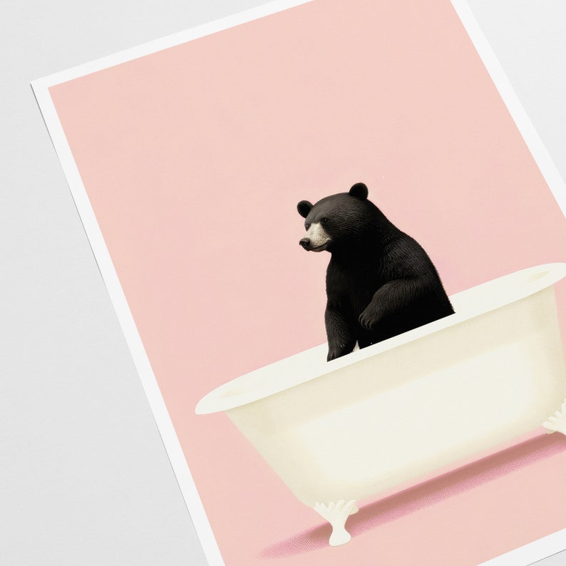 Bear in a Bathtub Pastel Pink, Retro Vintage Art Print, Animal Art, Kids Room Decor, Whimsical Theme, Instant Download image 3