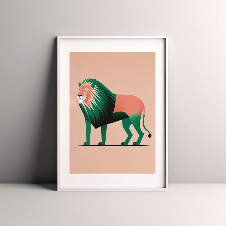 African Lion Minimalistic Design in Pink and Green Animal Art Print Colorful Art Kids Room Decor Minimalist Art Printable image 1
