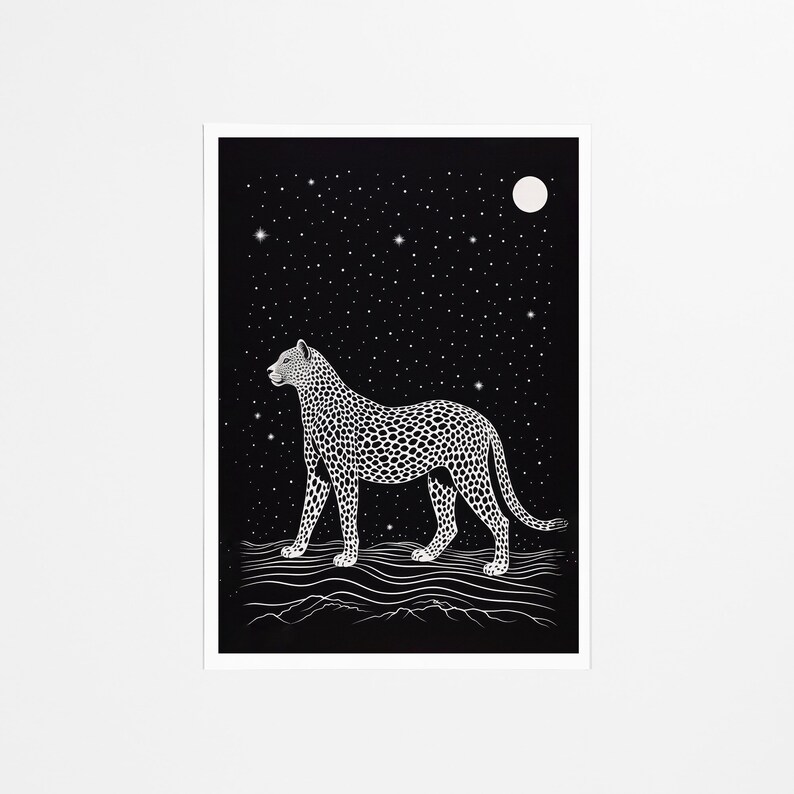 Night Cheetah Art Print, Constellation Design, Black and White Art, Retro Vintage, Wildlife Art, Bedroom Wall Decor, Digital Download image 2