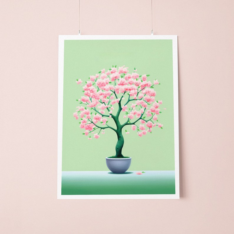 Pastel Green Cherry Blossom Tree Art Print, Transforming Beauty Japanese Landscape, Vintage Inspired Art, Nature Lovers Gift image 1