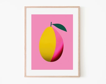 Sogni di mango rosa / Arte murale minimalista geometrica / Perfetto per case moderne / Accento decorativo alla moda per gli amanti della frutta / Arte della frutta rosa gialla