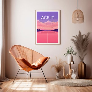 Tennis Court Art Print, ACE IT Evening Glow, Sports Memorabilia, vintage Retro, Wall Decor, Pink Purple Aesthetic, Digital Download image 9
