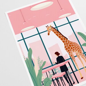 Office Art Print Giraffe Coffee Break, Retro Vintage Artwork, Wildlife Illustration, Quirky Office Decor, Coffee Lovers Gift, Animal Theme image 3