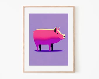 Pink Pig Retro Vibe Art Print | Farm Animal Art | Vintage Trendy Art Print | Purple Wall Decor | Country Home Decor | Barnyard Art Print