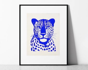 Leopard Poster Minimalist Monochrome Captivation | Animal Art Print | Blue Boho Chic Art | Minimalist Bedroom Decor | Printable  Art