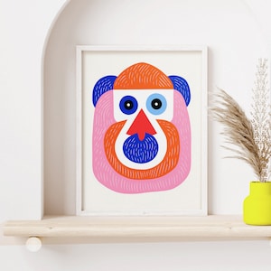 Pink Baboon Scandinavian Art Print Animal Art Print Nursery Art Eclectic Art Printable Art image 1