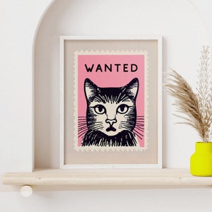 Vintage Pink Cat Wanted Stamp Retro Poster Pink Wall Art Gift for Cat Lovers Boho Vintage Decor Vintage Art image 2