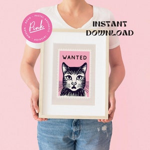 Vintage Pink Cat Wanted Stamp Retro Poster Pink Wall Art Gift for Cat Lovers Boho Vintage Decor Vintage Art image 9