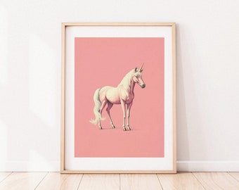 Golden Horseshoe Unicorn Retro Poster | Pink Pastel Art | Pastel Wall Art | Unicorn Poster | Cute Wall Art | Gold Pink Unicorn