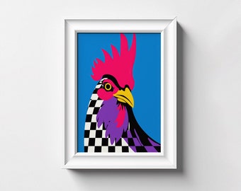 Rooster Collar Quirky Barnyard Icon Punk Print, Vintage Animal Art, Farmhouse Decor, Rooster Portrait, Retro Kitchen