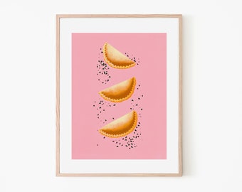 Boho Samosas Empanadas roses décor de cuisine | Affiche alimentaire rétro | Art de la cuisine | Impression alimentaire minimaliste | style vintage | Samsa | Nourriture ouzbèke