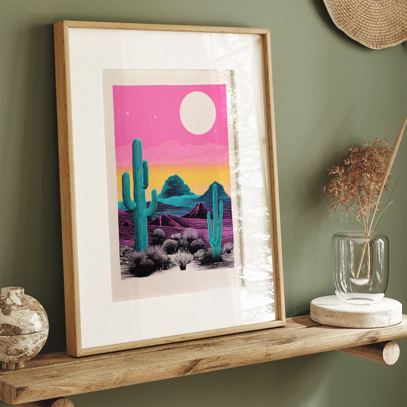 Riso Cactus Art Print, Psychedelic Sunset, Vintage Art, Retro Wall Hanging, Bohemian Living Room, Desert Theme, Digital Download image 8
