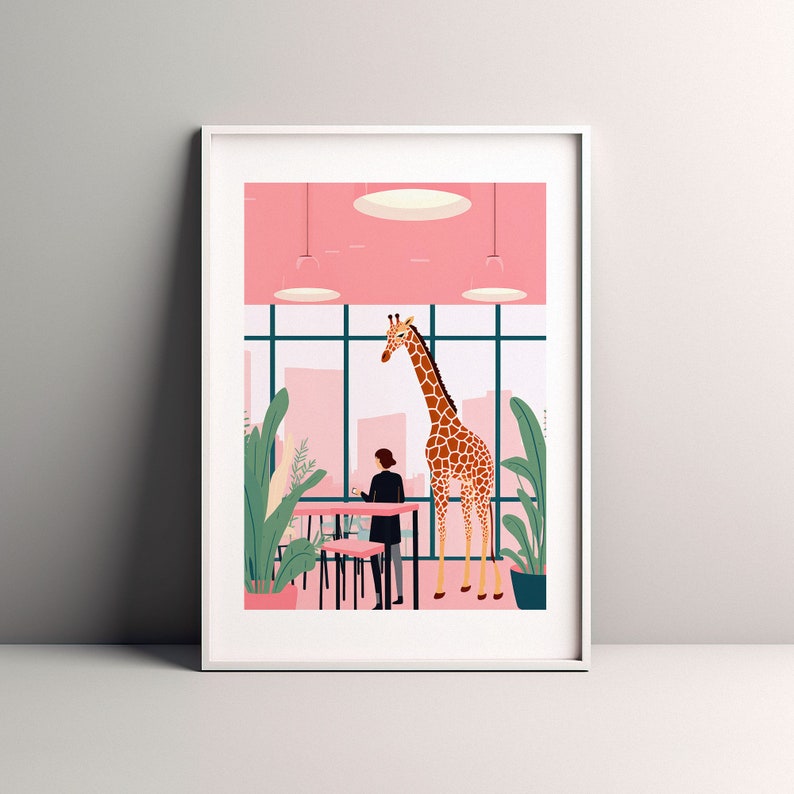 Office Art Print Giraffe Coffee Break, Retro Vintage Artwork, Wildlife Illustration, Quirky Office Decor, Coffee Lovers Gift, Animal Theme image 8