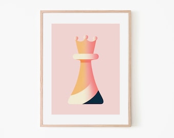 Queen Chess Abstract Art Pink | Retro Poster | Pink Wall Decor | Modern Art Print | Chess Game Poster | Studying Room | Dorm | Wall Art