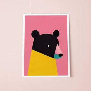 Stampa artistica retrò orso nero / Focus rosa brillante e giallo / Stampa artistica animale / Arte vintage / Decorazione della camera dei bambini / Stampa Pop Art immagine 7