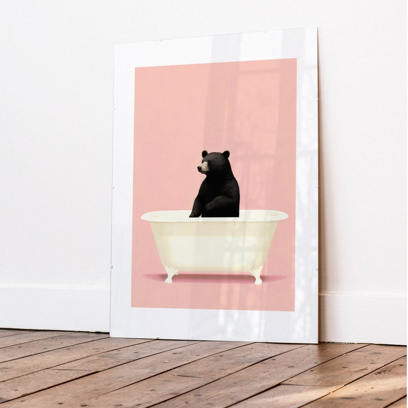 Bear in a Bathtub Pastel Pink, Retro Vintage Art Print, Animal Art, Kids Room Decor, Whimsical Theme, Instant Download image 7