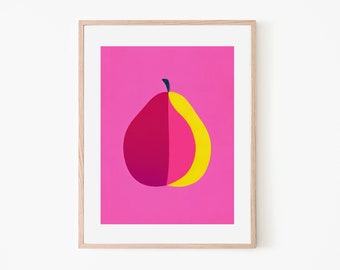 Affiche rétro de minimalisme de fruit de mangue magenta | Art mural de fruits | Décor de cuisine minimaliste | Art vibrant | Décor tropical moderne | Décor rose