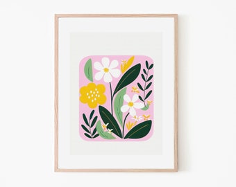Pink Flower Kitchen Art | Botanical Retro Poster | Plants Wall Art Print | Decorative Art | Boho Poster | Green Kitchen Print | Nature Art