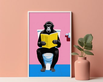 Reading Baboon Newspaper Poster, Toilet Humor Art, Animal Print, Quirky Wall Art, Bathroom Playroom Decor, Digital Download