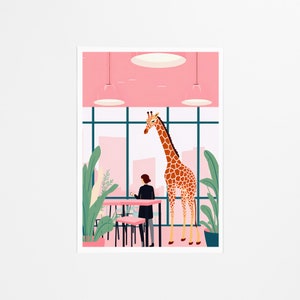 Office Art Print Giraffe Coffee Break, Retro Vintage Artwork, Wildlife Illustration, Quirky Office Decor, Coffee Lovers Gift, Animal Theme image 2