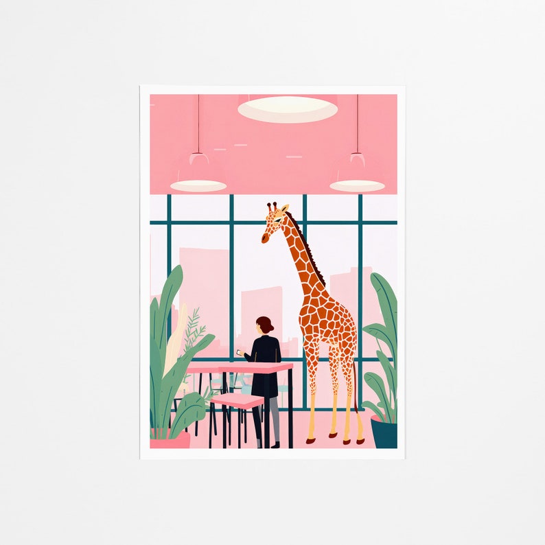 Office Art Print Giraffe Coffee Break, Retro Vintage Artwork, Wildlife Illustration, Quirky Office Decor, Coffee Lovers Gift, Animal Theme image 2