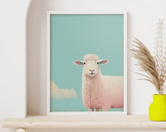 View with a Sheep Retro Pink Poster, Wall Art Print, Digital Download, Lifestyle Wall Art, Sheep, Blue Sky, Vintage Art, Pastel Aesthetic