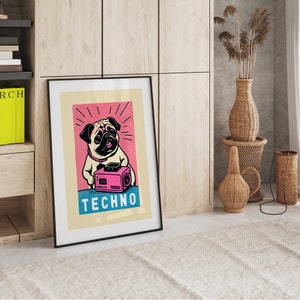 Techno Retro Pug Art Print Black and White Dog Print Techno Music Wall Decor Dog Lover Gift Rave Pug Dog Lover Retro Art Print image 8