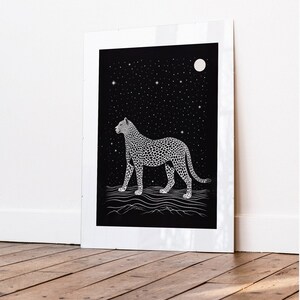 Night Cheetah Art Print, Constellation Design, Black and White Art, Retro Vintage, Wildlife Art, Bedroom Wall Decor, Digital Download image 8