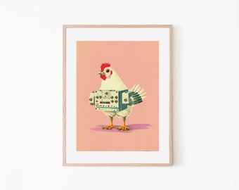 Chicken Robot Funny Retro Poster | Pastel Art | Wall Art Print | Digital Download | Animal Print Wall Decor | Modern Decor
