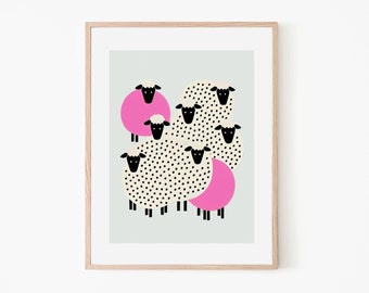 Sheep Grey Abstract Art | Cute Pink Retro | Grey Retro Poster | Boho Wall Art Print | Modern Home Decor | Nordic Art | Animal Poster