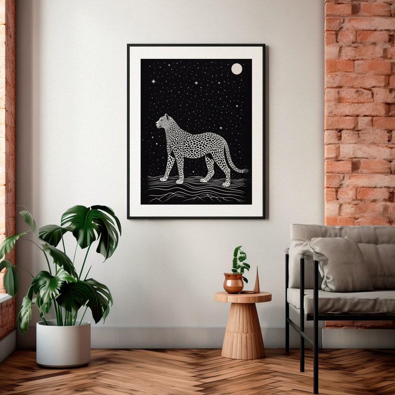 Night Cheetah Art Print, Constellation Design, Black and White Art, Retro Vintage, Wildlife Art, Bedroom Wall Decor, Digital Download image 9