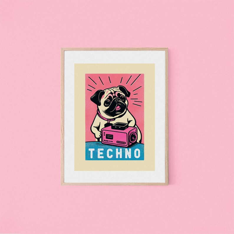 Techno Retro Pug Art Print Black and White Dog Print Techno Music Wall Decor Dog Lover Gift Rave Pug Dog Lover Retro Art Print image 10