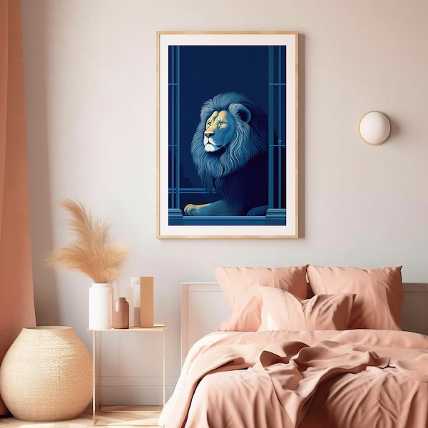 Blue Lion Window London Print, Elegant Light Retro Artwork, Architecture Art, British Landmarks, Vintage Style Urban Theme