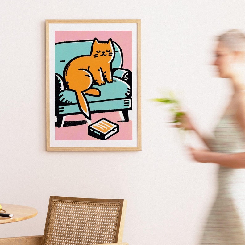 Adorable Tabby Lounging Feline Comfort Retro Poster Cat Lover Gift Vintage Art Tabby Cat Cozy Wall Art Animal Poster Pink Art image 3