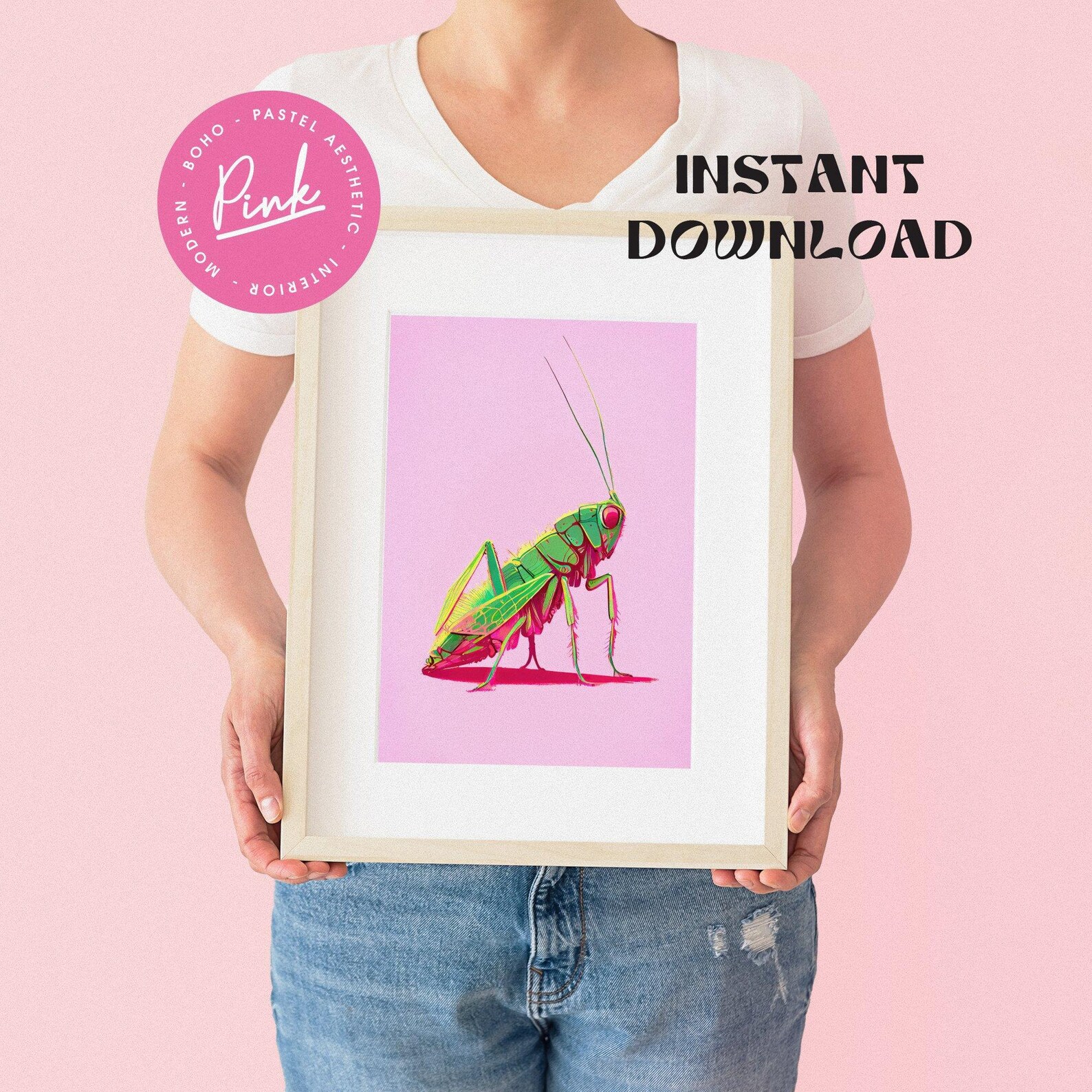 Pink Grasshopper Retro Insect Art Retro Poster Entomology Wall Art ...