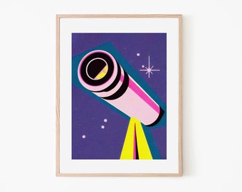 Retro Telescope Trippy Space Wall Art | Astronomy Poster | Gift for Science Lovers | Pink Vintage Decor