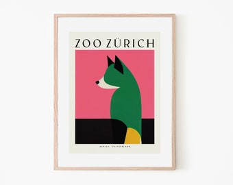 Zurich Zoo Retro Poster Fox Minimalist Art | Switzerland Travel Poster | European Wildlife Wall Art | Vintage Forest Art Print