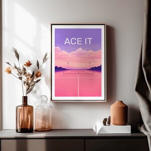 Tennis Court Art Print, ACE IT Evening Glow, Sports Memorabilia, vintage Retro, Wall Decor, Pink Purple Aesthetic, Digital Download image 10