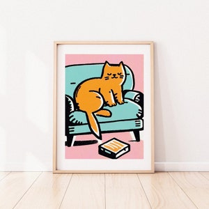 Adorable Tabby Lounging Feline Comfort Retro Poster Cat Lover Gift Vintage Art Tabby Cat Cozy Wall Art Animal Poster Pink Art image 10
