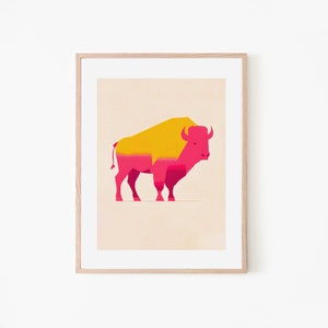 Wild Bison Stampede | Pink Bold Retro Art Print | Zoo Poster | Wildlife Art | Vibrant Living Room Art Print | Minimalist Safari Animal