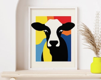 Cow Art Print | Cowboy Minimalism | Animal Art Print | Living Room Decor | Modern Art | Trendy Technicolor | Instant Download