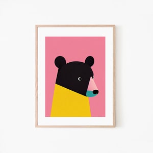 Stampa artistica retrò orso nero / Focus rosa brillante e giallo / Stampa artistica animale / Arte vintage / Decorazione della camera dei bambini / Stampa Pop Art immagine 5