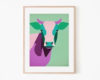 Profilo della mucca Stampa artistica retrò vibrante / Arredamento della fattoria / Arte della parete degli animali / Arredamento rustico della mucca / Poster della mucca / Arte della parete della fattoria