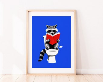 Satirical Raccoon Poster | Blue Toilet Reading Book | Animal Art Print | Funny Bathroom Print | Bathroom Decor | Funny Wall Art