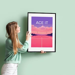 Tennis Court Art Print, ACE IT Evening Glow, Sports Memorabilia, vintage Retro, Wall Decor, Pink Purple Aesthetic, Digital Download image 1